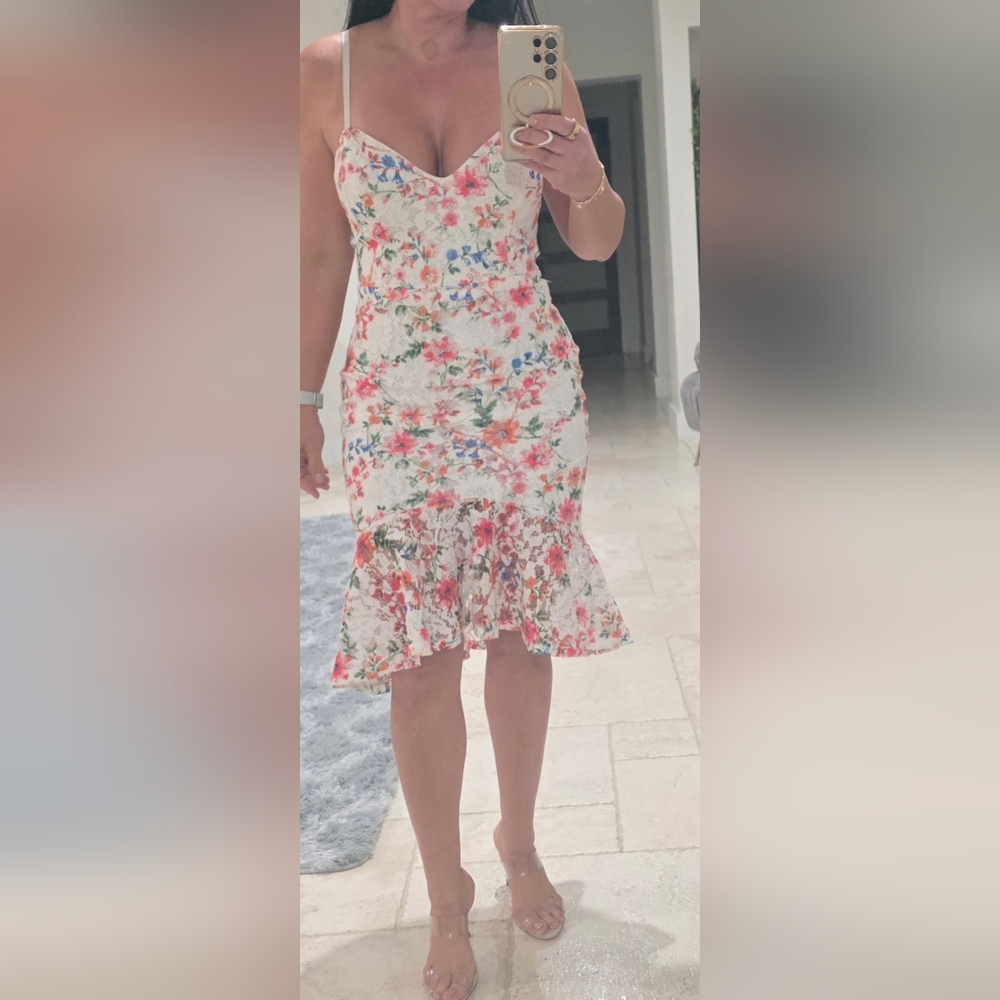 Guess Floral Midi Dress with Ruffle Hem